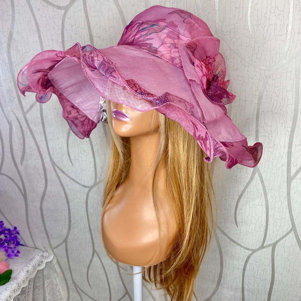 🎀🌷 Mauve Pink Floral Elegant Ruffle Trim Sun Hat 🌷🎀 NWT - Picture 5 of 15